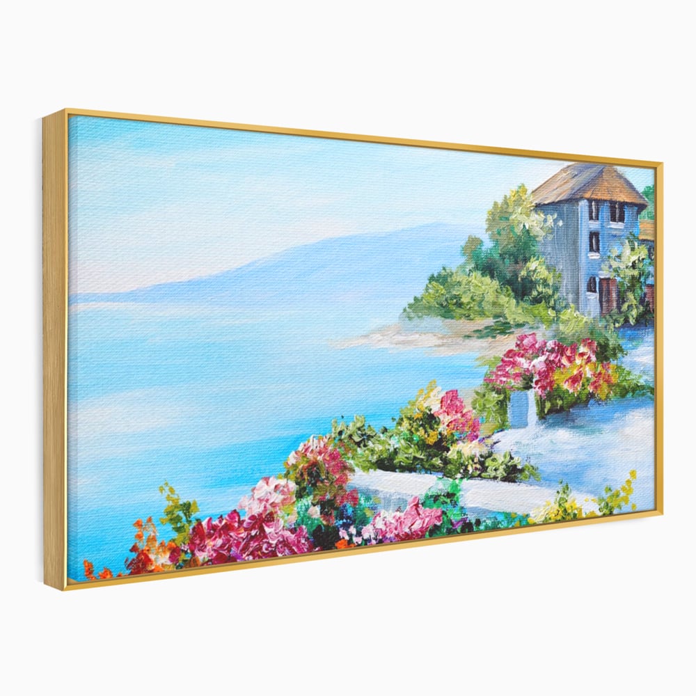 Tablou canvas cu tablou pictura cu flori si mare, in rama de aluminiu auriu